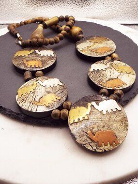 TRIBAL 15 ELEPHANTS W/ TRUNKS UP MOUNTED ON 5 DISKS 24" L. WOODEN NECKLACE 1